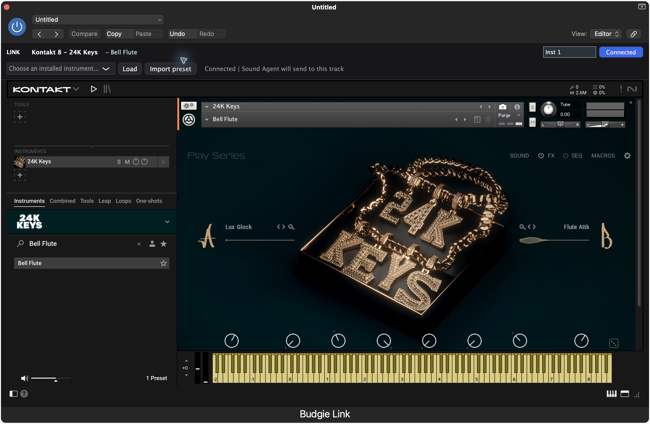 Logic 的轨道背景与真实加载后的 Budgie Instrument Link：Kontakt 8、24K Keys 和 Bell Flute。图中的第三方音源不随产品附赠。